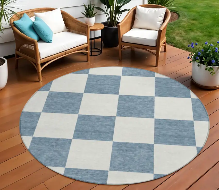 8' Denim Blue And Ivory Round Geometric Washable Indoor Outdoor Area Rug Photo 1