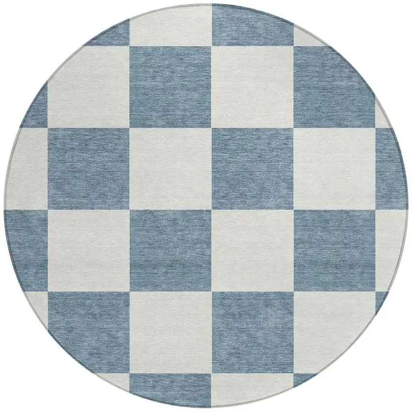 8' Denim Blue And Ivory Round Geometric Washable Indoor Outdoor Area Rug Photo 4