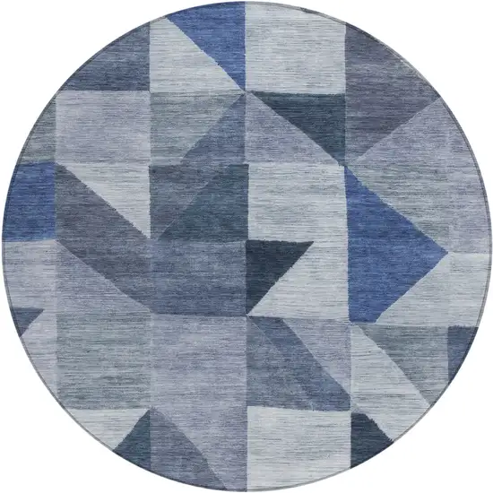 8' Denim Blue And Ivory Round Geometric Washable Indoor Outdoor Area Rug Photo 1