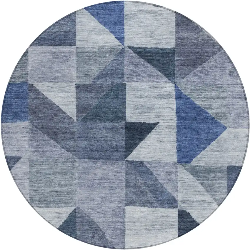 8' Denim Blue And Ivory Round Geometric Washable Indoor Outdoor Area Rug Photo 1
