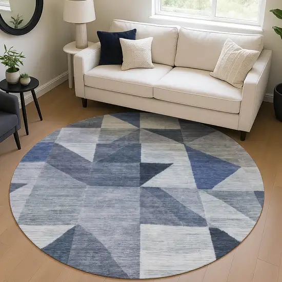 8' Denim Blue And Ivory Round Geometric Washable Indoor Outdoor Area Rug Photo 5