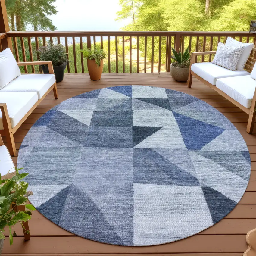 8' Denim Blue And Ivory Round Geometric Washable Indoor Outdoor Area Rug Photo 4