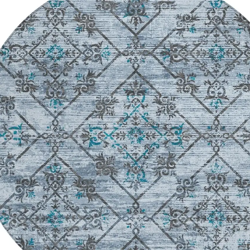 8' Denim Blue And Ivory Round Geometric Washable Indoor Outdoor Area Rug Photo 5