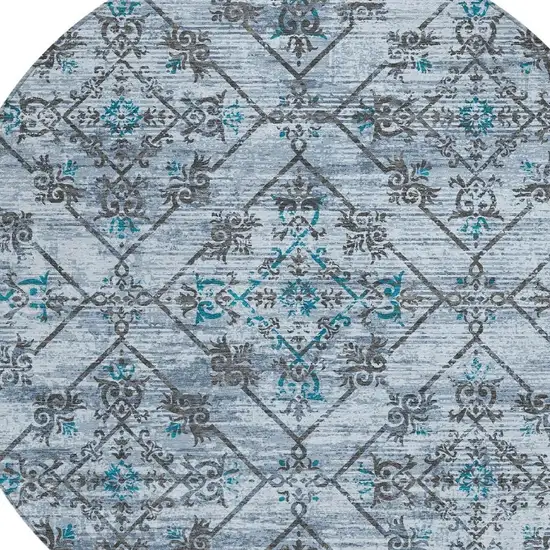 8' Denim Blue And Ivory Round Geometric Washable Indoor Outdoor Area Rug Photo 5