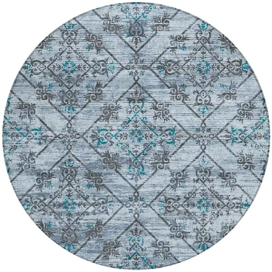 8' Denim Blue And Ivory Round Geometric Washable Indoor Outdoor Area Rug Photo 3