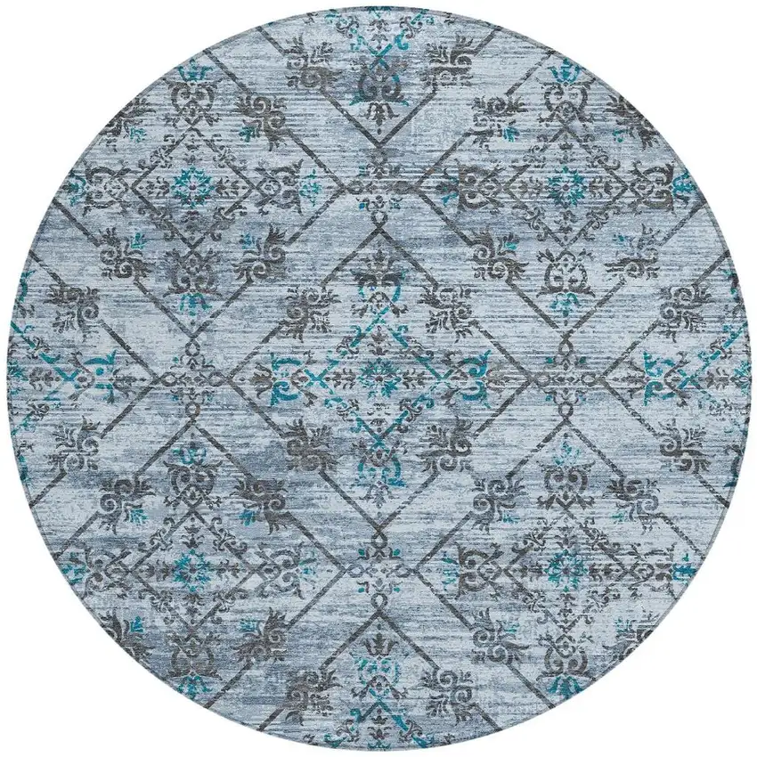 8' Denim Blue And Ivory Round Geometric Washable Indoor Outdoor Area Rug Photo 3