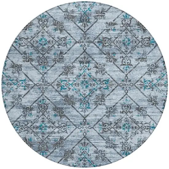 8' Denim Blue And Ivory Round Geometric Washable Indoor Outdoor Area Rug Photo 4