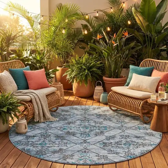 8' Denim Blue And Ivory Round Geometric Washable Indoor Outdoor Area Rug Photo 1