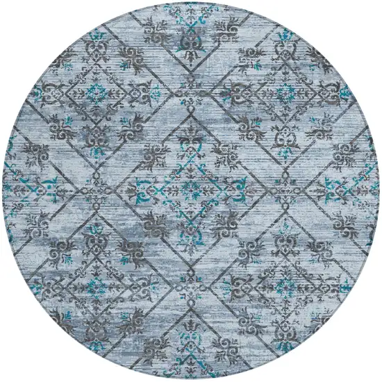 8' Denim Blue And Ivory Round Geometric Washable Indoor Outdoor Area Rug Photo 2