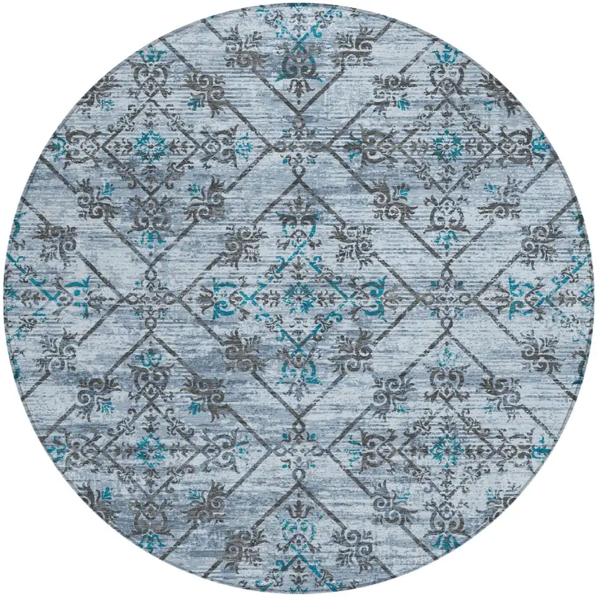 8' Denim Blue And Ivory Round Geometric Washable Indoor Outdoor Area Rug Photo 2