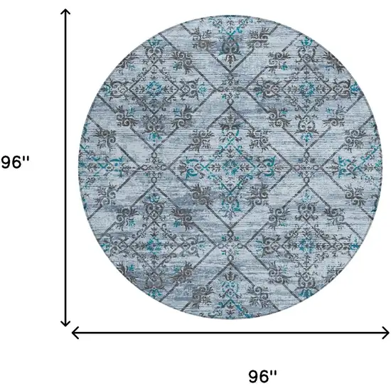 8' Denim Blue And Ivory Round Geometric Washable Indoor Outdoor Area Rug Photo 8