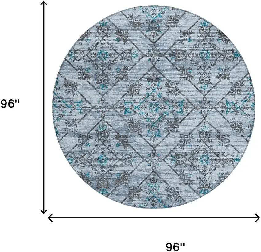 8' Denim Blue And Ivory Round Geometric Washable Indoor Outdoor Area Rug Photo 8