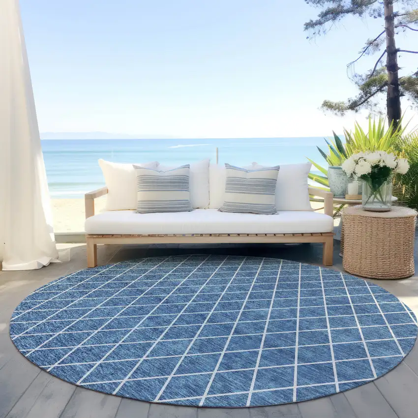 8' Denim Blue And Ivory Round Geometric Washable Indoor Outdoor Area Rug Photo 7