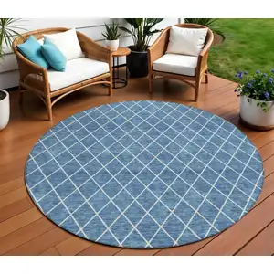 Photo of 8' Denim Blue And Ivory Round Geometric Washable Indoor Outdoor Area Rug