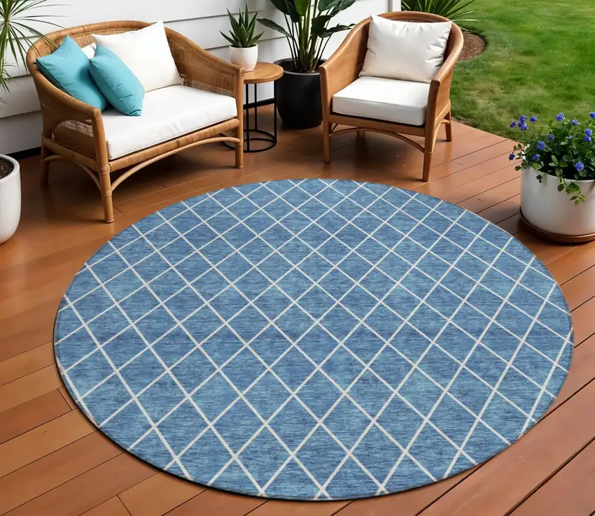 8' Denim Blue And Ivory Round Geometric Washable Indoor Outdoor Area Rug Photo 1