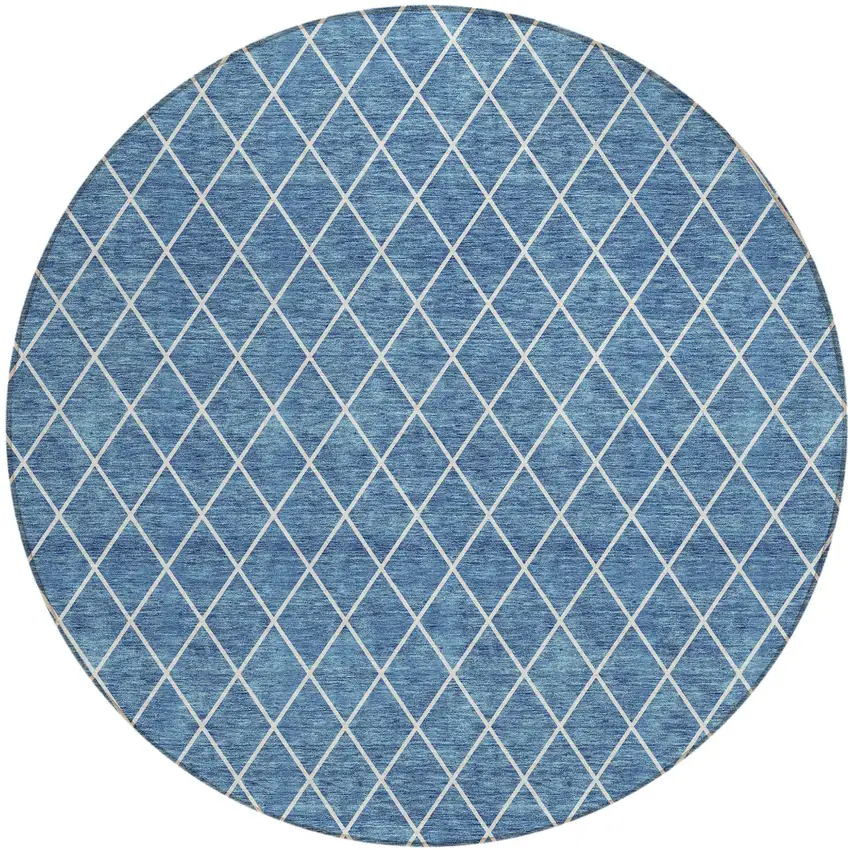 8' Denim Blue And Ivory Round Geometric Washable Indoor Outdoor Area Rug Photo 2