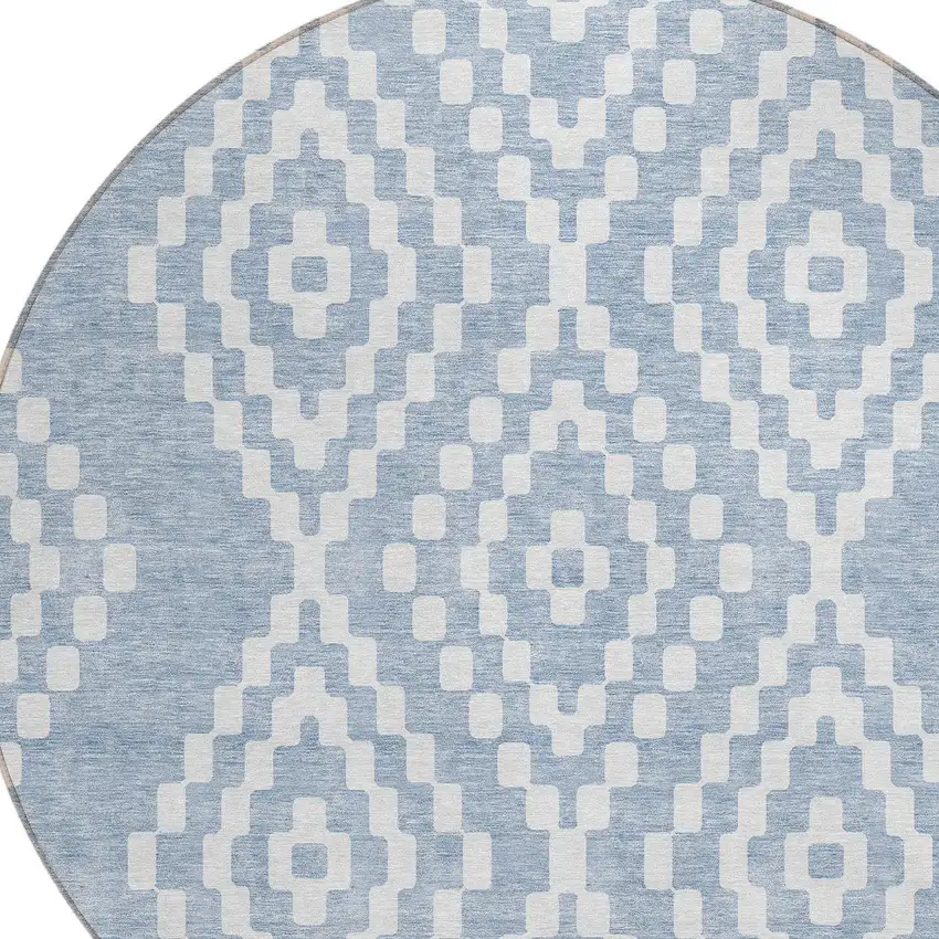 8' Denim Blue And Ivory Round Geometric Washable Indoor Outdoor Area Rug Photo 4