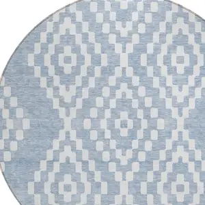 Photo of 8' Denim Blue And Ivory Round Geometric Washable Indoor Outdoor Area Rug