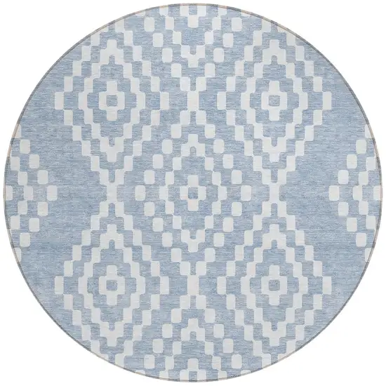 8' Denim Blue And Ivory Round Geometric Washable Indoor Outdoor Area Rug Photo 5