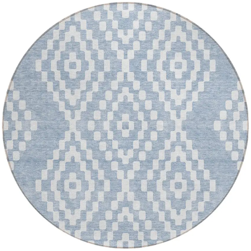 8' Denim Blue And Ivory Round Geometric Washable Indoor Outdoor Area Rug Photo 5