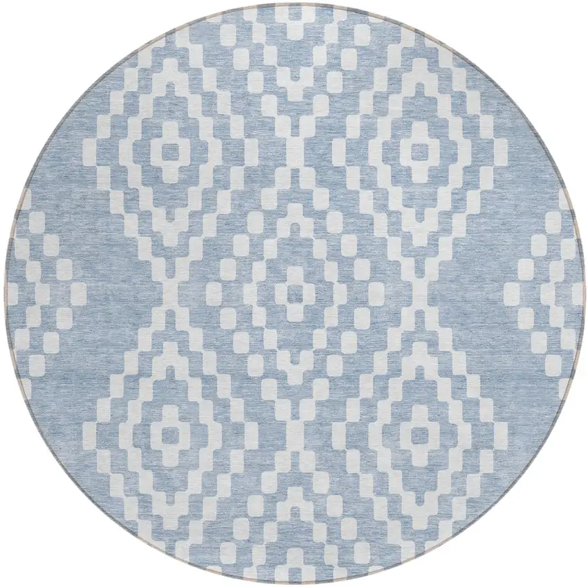 8' Denim Blue And Ivory Round Geometric Washable Indoor Outdoor Area Rug Photo 2