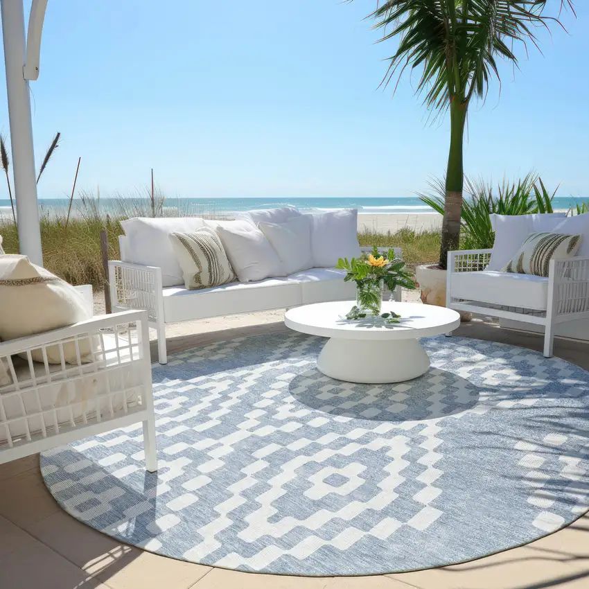 8' Denim Blue And Ivory Round Geometric Washable Indoor Outdoor Area Rug Photo 6
