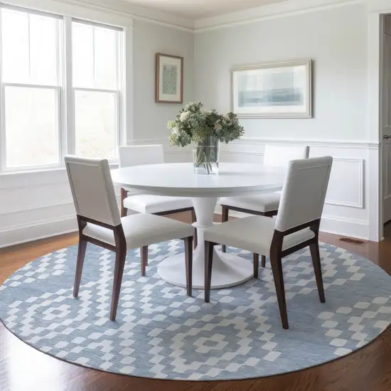8' Denim Blue And Ivory Round Geometric Washable Indoor Outdoor Area Rug Photo 7
