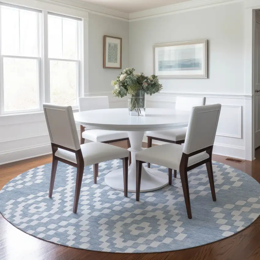 8' Denim Blue And Ivory Round Geometric Washable Indoor Outdoor Area Rug Photo 7