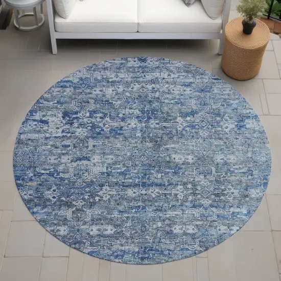 8' Denim Blue And Ivory Round Ikat Washable Indoor Outdoor Area Rug Photo 7