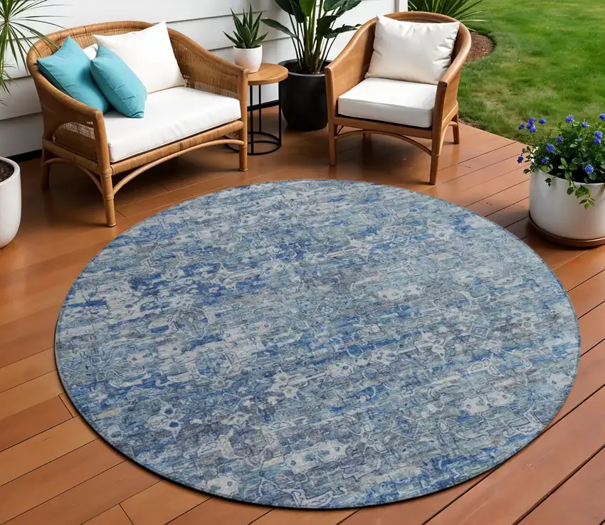 8' Denim Blue And Ivory Round Ikat Washable Indoor Outdoor Area Rug Photo 1