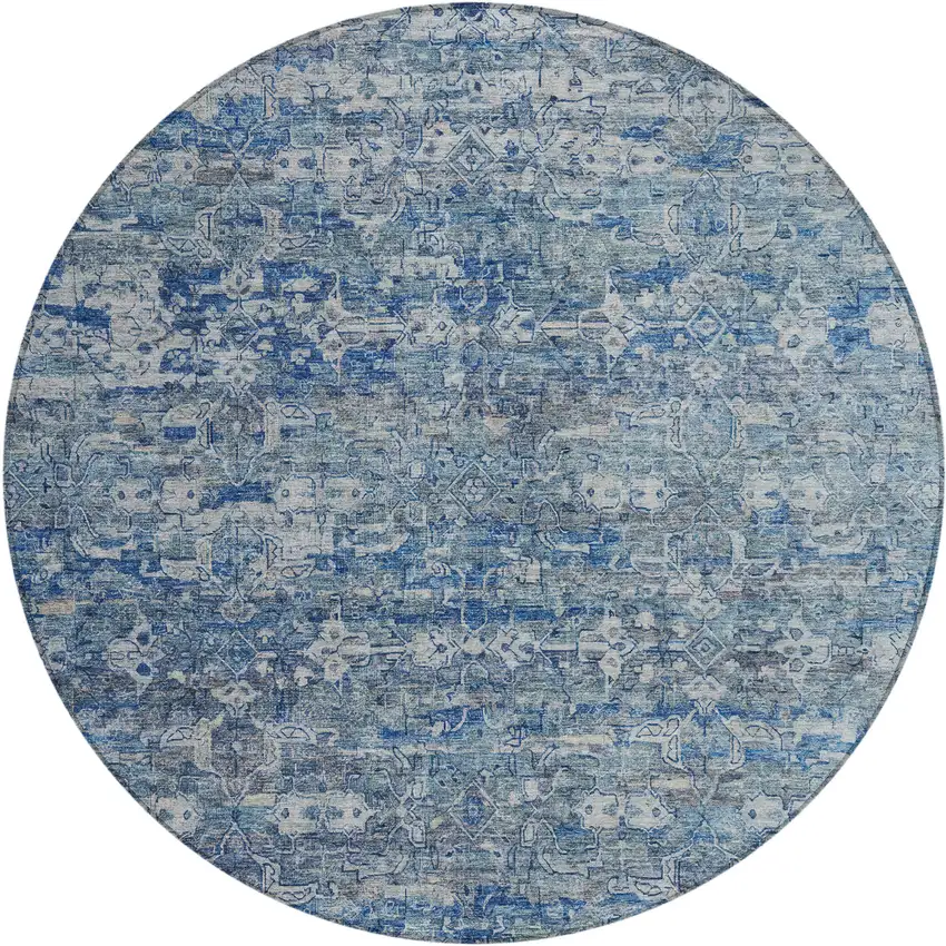 8' Denim Blue And Ivory Round Ikat Washable Indoor Outdoor Area Rug Photo 2
