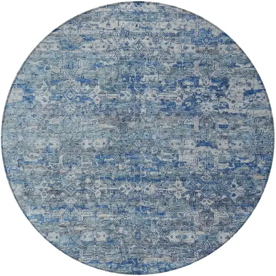8' Denim Blue And Ivory Round Ikat Washable Indoor Outdoor Area Rug Photo 4