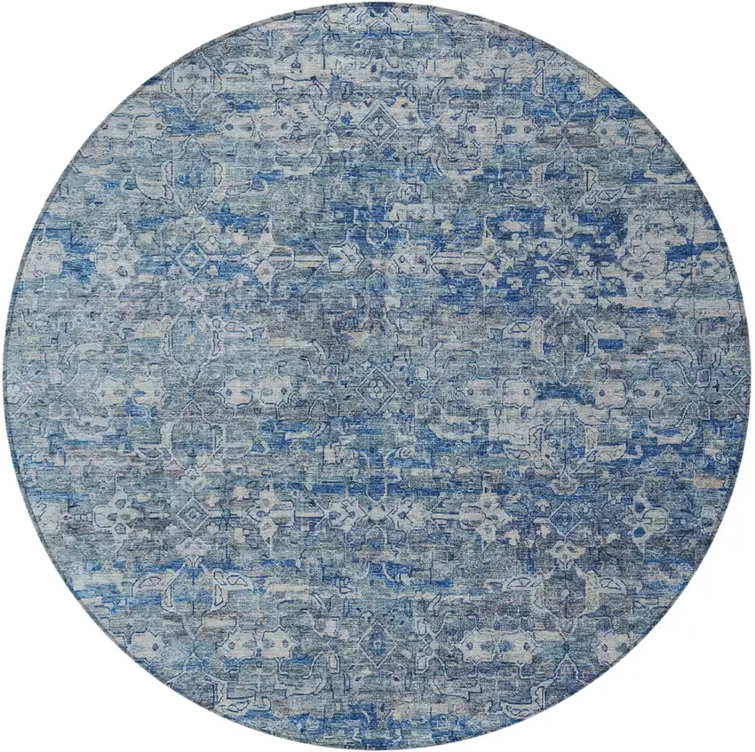 8' Denim Blue And Ivory Round Ikat Washable Indoor Outdoor Area Rug Photo 4