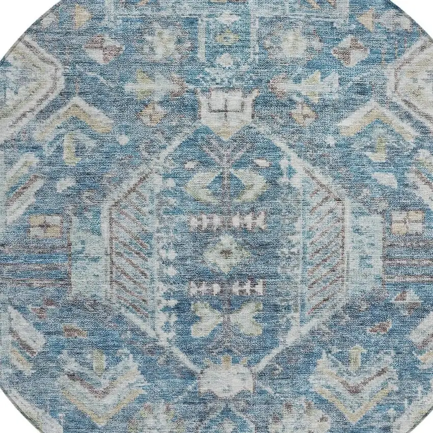 8' Denim Blue And Ivory Round Medallion Washable Indoor Outdoor Area Rug Photo 2