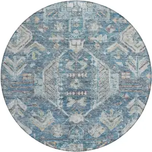 Photo of 8' Denim Blue And Ivory Round Medallion Washable Indoor Outdoor Area Rug