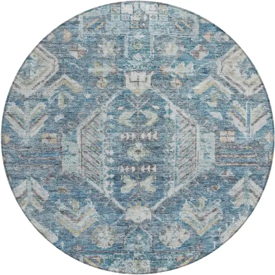 8' Denim Blue And Ivory Round Medallion Washable Indoor Outdoor Area Rug Photo 1