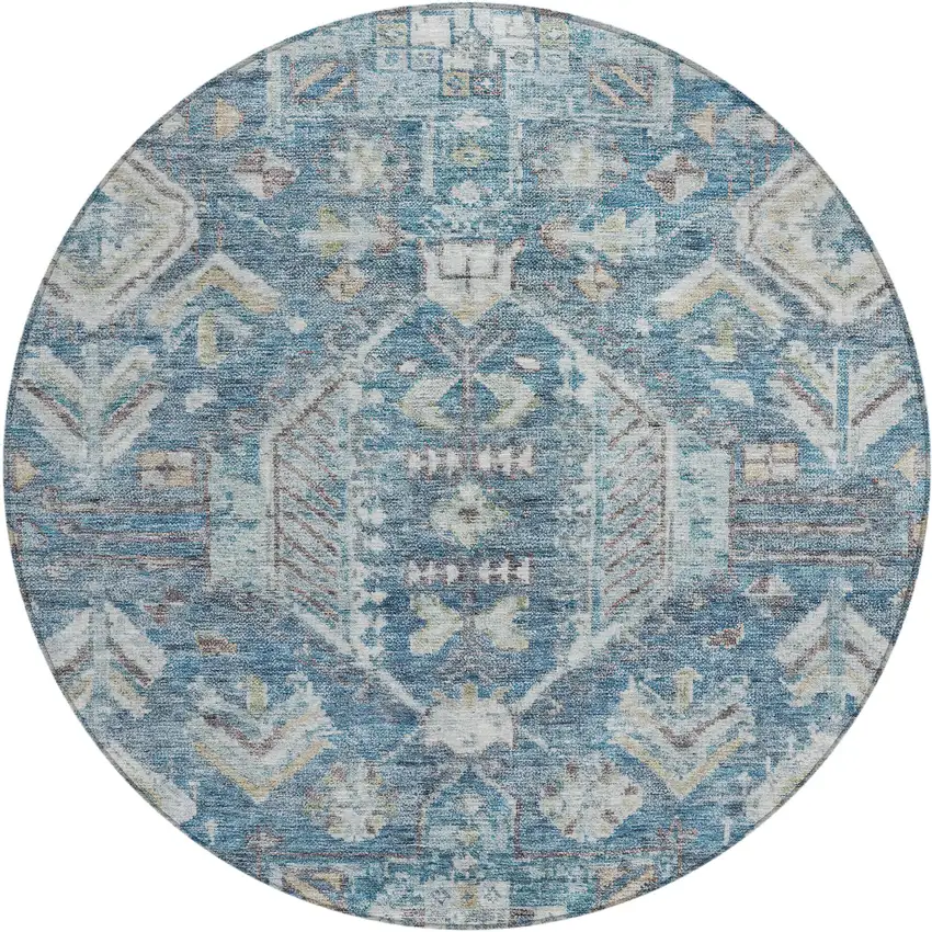 8' Denim Blue And Ivory Round Medallion Washable Indoor Outdoor Area Rug Photo 1