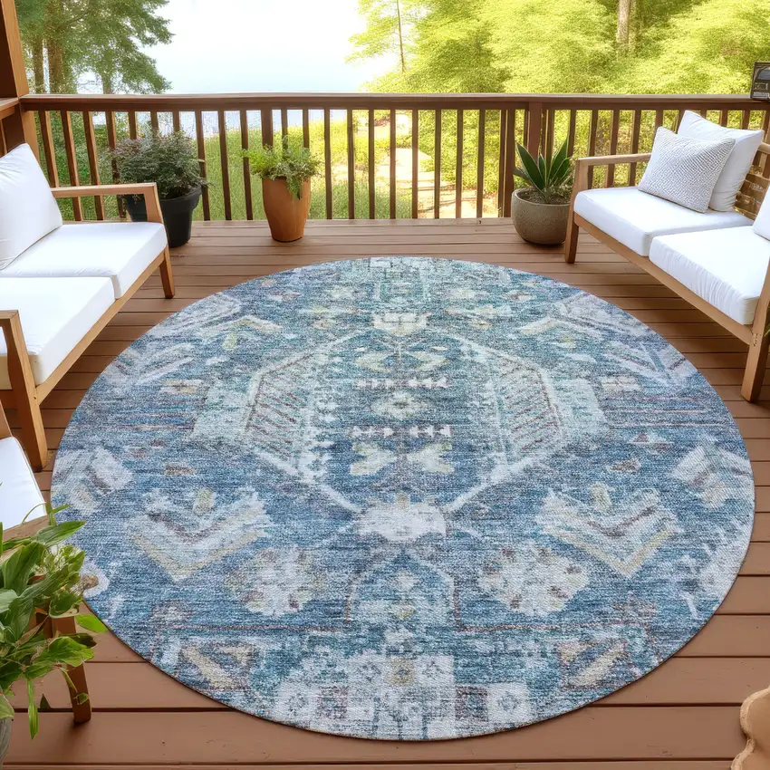 8' Denim Blue And Ivory Round Medallion Washable Indoor Outdoor Area Rug Photo 4