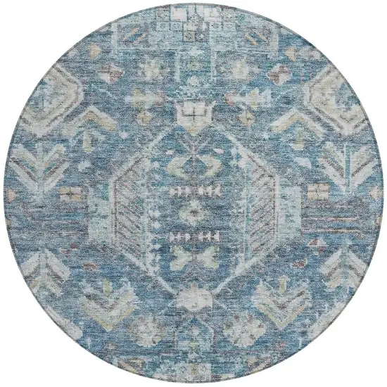 8' Denim Blue And Ivory Round Medallion Washable Indoor Outdoor Area Rug Photo 3