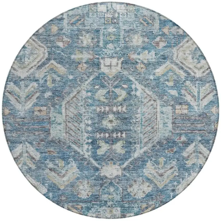 8' Denim Blue And Ivory Round Medallion Washable Indoor Outdoor Area Rug Photo 3