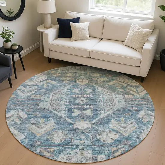 8' Denim Blue And Ivory Round Medallion Washable Indoor Outdoor Area Rug Photo 5