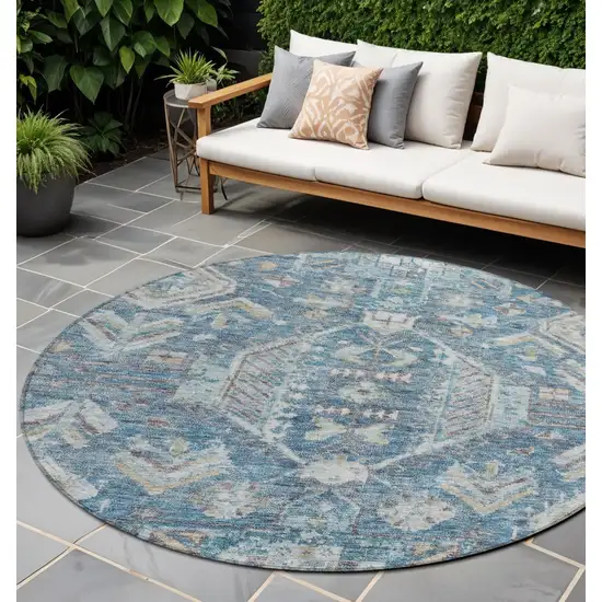 8' Denim Blue And Ivory Round Medallion Washable Indoor Outdoor Area Rug Photo 1