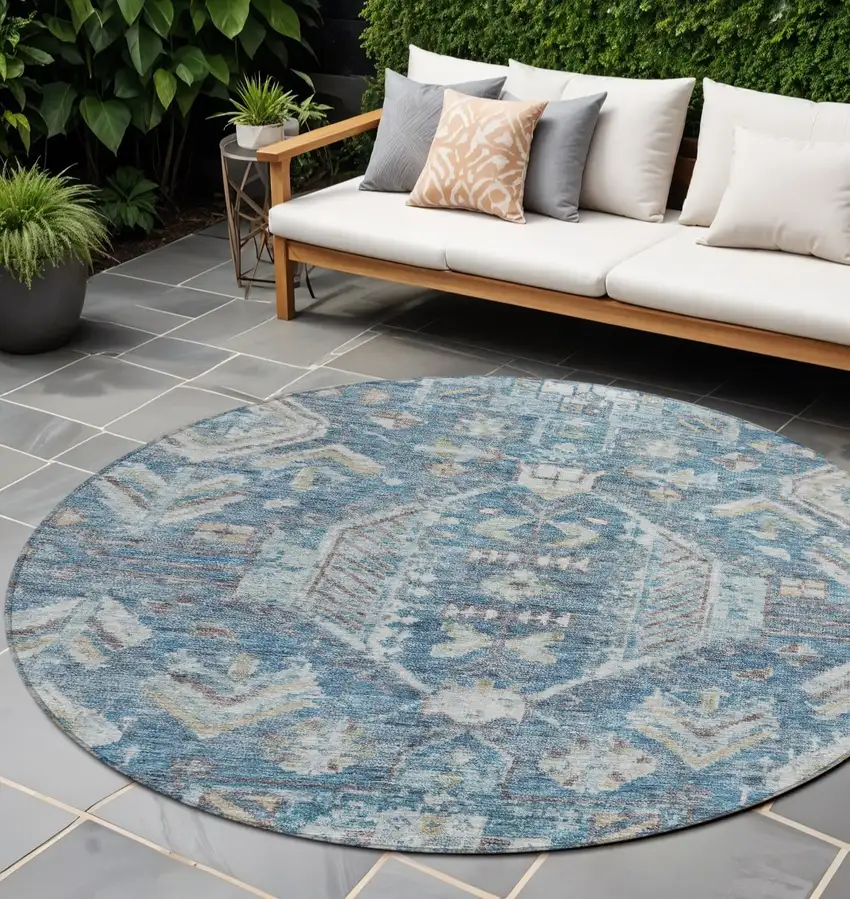 8' Denim Blue And Ivory Round Medallion Washable Indoor Outdoor Area Rug Photo 1