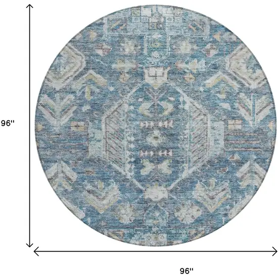 8' Denim Blue And Ivory Round Medallion Washable Indoor Outdoor Area Rug Photo 3