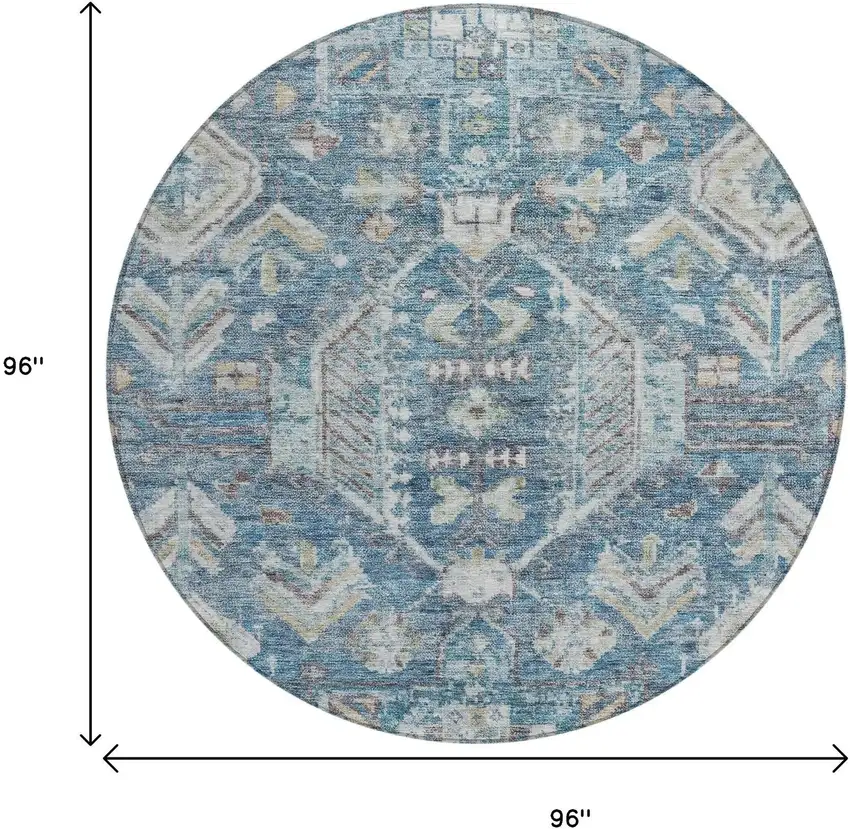 8' Denim Blue And Ivory Round Medallion Washable Indoor Outdoor Area Rug Photo 3