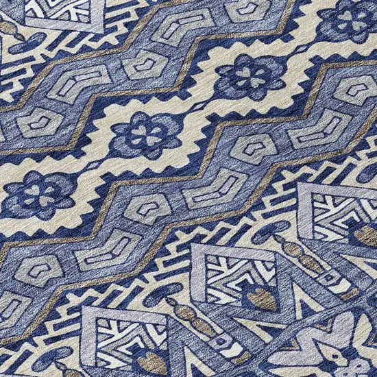 8' Denim Blue And Ivory Round Moroccan Washable Indoor Outdoor Area Rug Photo 8