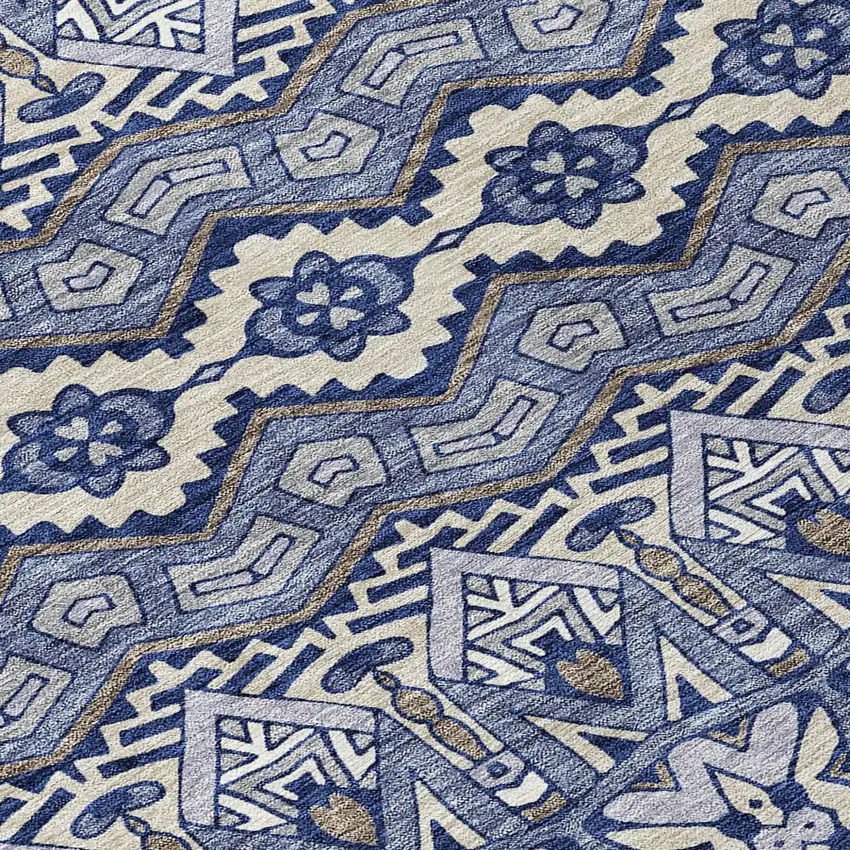 8' Denim Blue And Ivory Round Moroccan Washable Indoor Outdoor Area Rug Photo 8