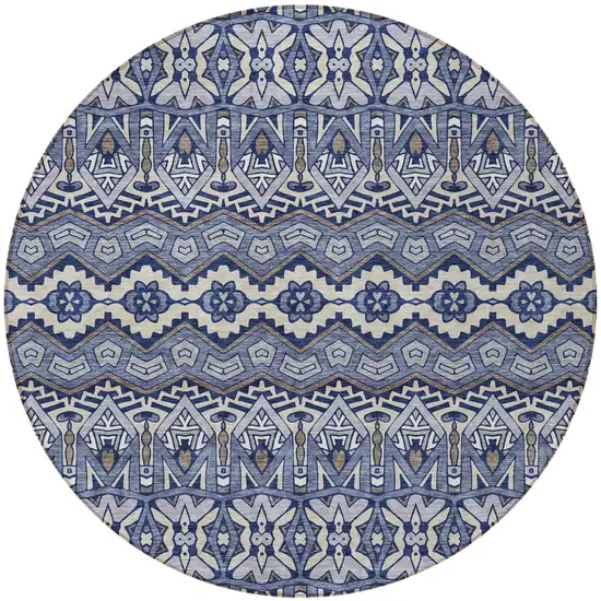 8' Denim Blue And Ivory Round Moroccan Washable Indoor Outdoor Area Rug Photo 5