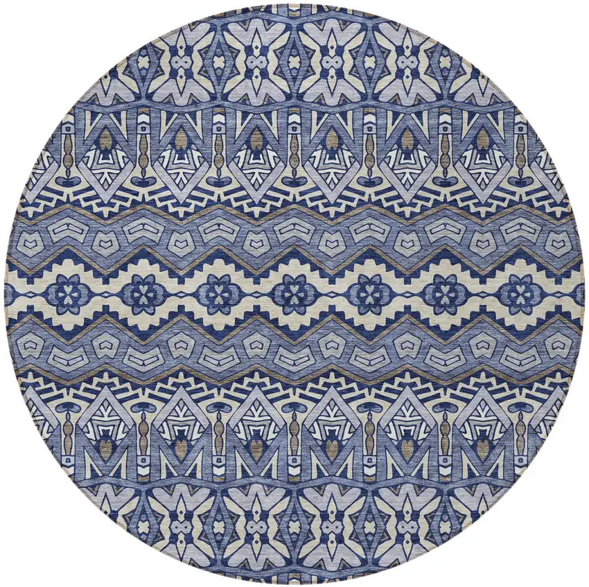 8' Denim Blue And Ivory Round Moroccan Washable Indoor Outdoor Area Rug Photo 5