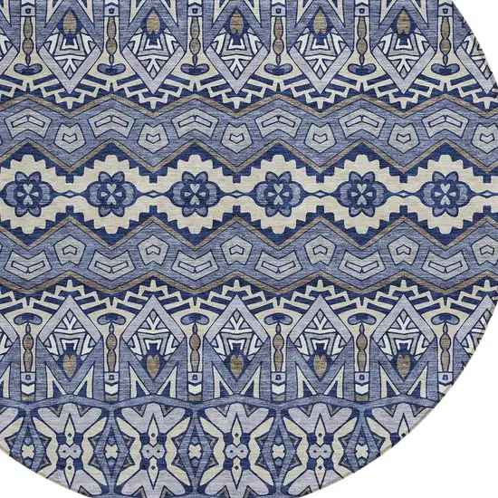 8' Denim Blue And Ivory Round Moroccan Washable Indoor Outdoor Area Rug Photo 4